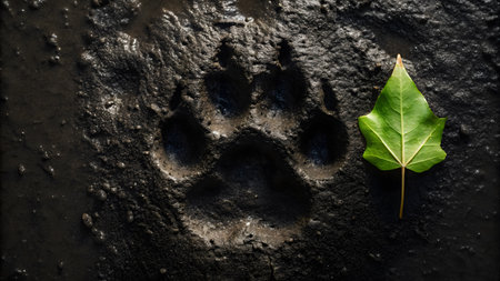 A distinct animal paw print is visible in dark mud next to a vibrant green leaf.の素材