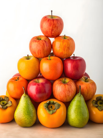 A vibrant arrangement of apples and pears symbolizes the Chuseok harvest festival in Korea.の素材