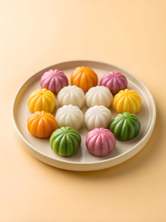 A beautiful assortment of colorful songpyeon presents an inviting sight for Chuseok celebrations.の素材