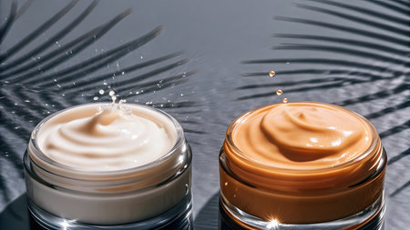 Two jars of creams with different textures sit on a shiny surface with water droplets and shadows.の素材