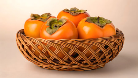Basket filled with ripe persimmons symbolizing abundance during Chuseok celebrations in Korea.の素材