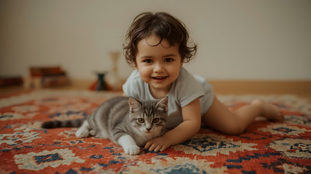 Child smiles while playing with a playful kitten on a patterned rug in a warm setting.の素材