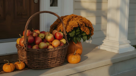 Fresh apples are in a woven basket next to pumpkins and a vibrant flower pot on the porch.の素材