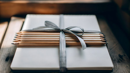 A simple presentation shows a blank notebook tied with a ribbon and colored pencils on wood.の素材