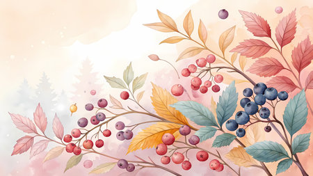 Vivid watercolor artwork shows diverse autumn berries and branches with colorful leaves on white.の素材