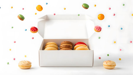 A white box holds an assortment of colorful macarons while candy decorations surround the box.の素材