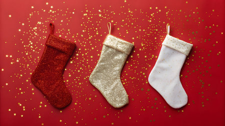 Three festive stockings hang against a bright red backdrop, surrounded by golden stars.の素材