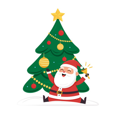 Cheerful Santa Claus holding a bell sitting near a Christmas tree with ornaments. holiday celebration joyのイラスト素材