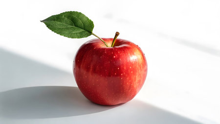 A shiny red apple with a green leaf rests on a white surface in sunlight.の素材