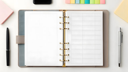 A planner with empty pages rests on a desk beside pens and colorful sticky notes.の素材