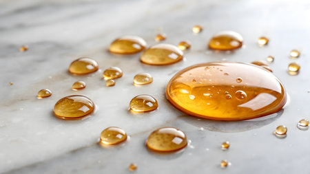 Golden droplets of honey spread artfully on a polished surface, glistening in sunlight.の素材