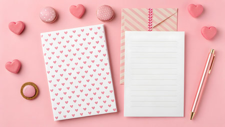 Stationery, treats, and envelope arranged on a pink surface for a festive or romantic gathering.の素材