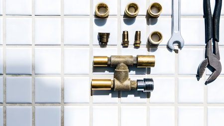 Various plumbing components and tools lay organized on white tiles for maintenance work.の素材