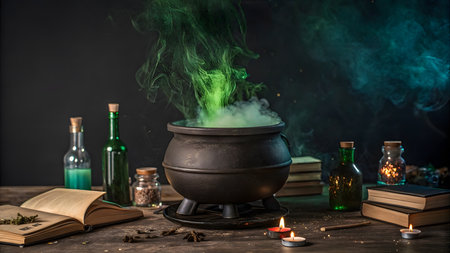 A cauldron emits vibrant green smoke surrounded by books and potion bottles on a table.の素材