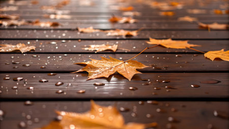 Fallen leaves cover a wooden deck, glistening with droplets from recent rain on a calm day.の素材