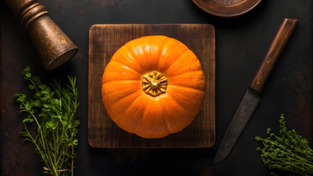 An orange pumpkin sits on a wooden board surrounded by fresh herbs and a knife, ready for carving.の素材