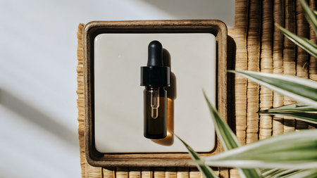 A dark dropper bottle sits on a square plate beside a green plant, illuminated by sunlight.の素材