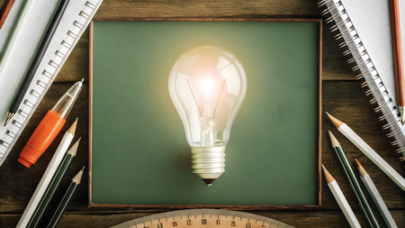 Glowing light bulb sits on a chalkboard surrounded by notebooks and writing tools.の素材