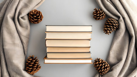 A stack of unopened books sits in the center, framed by natural pinecones and soft fabric.の素材