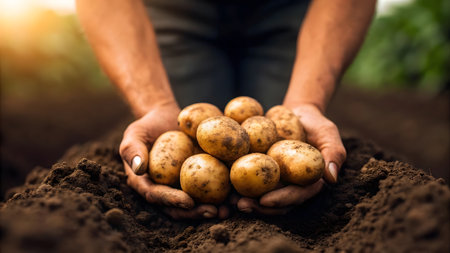 A person collects freshly dug potatoes from the soil in a bright garden during daylight.の素材