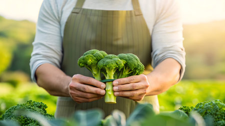A person stands in a lush field, holding freshly harvested broccoli in the evening light.の素材