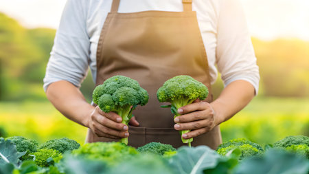 A gardener holds two heads of vibrant broccoli in a green field during sunny weather.の素材