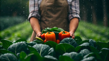 Hands full of bright orange bell peppers surrounded by leafy greens in a garden during a rain.の素材