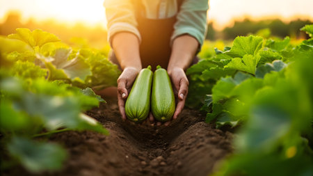Person gathers ripe zucchinis from a garden bed as sunlight shines warmly on plants.の素材