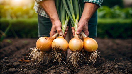 Hands pull freshly harvested onions from the soil on a bright sunny day.の素材