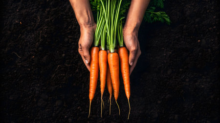 Hands holding a bunch of orange carrots above rich, dark soil after harvest.の素材