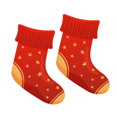 Two red Christmas socks with yellow stars and cuffs, festive clothing and holiday decorationのイラスト素材