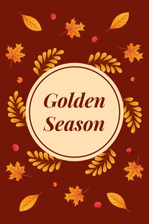 Autumn illustration featuring vibrant leaves and a circular text area, celebrating the beauty of the golden seasonのイラスト素材