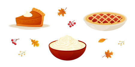 Autumn desserts showcase pumpkin pie, apple pie, and whipped cream, surrounded by vibrant leaves, creating a festive and inviting atmosphereのイラスト素材