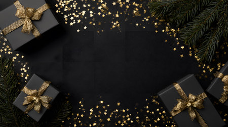 Holiday gift arrangement with black boxes, golden ribbons, and festive decorations on a dark backgroundの素材