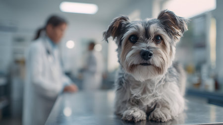 Small dog sits on the table at the vet, while a veterinarian prepares for a routine check-up.の素材