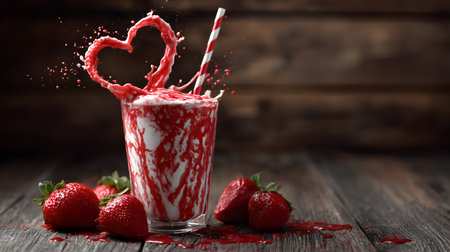 A vibrant strawberry milkshake topped with a heart splash and fresh strawberries.の素材