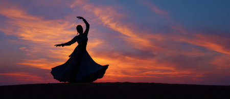 A dancer spins joyfully at dusk, silhouetted by a stunning sunset, creating a peaceful scene.の素材
