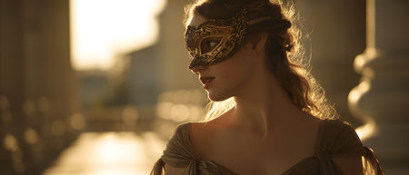 Woman wearing ornate mask is posed gracefully in soft sunlight outdoorsの素材