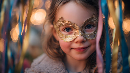 Child with golden mask is surrounded by vibrant streamers and soft glowing lightsの素材