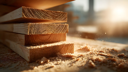 Stacked wooden boards with sawdust in bright workshop showcasing craftsmanship and warmthの素材