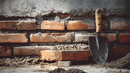 Brick wall construction features trowel and fresh mortar on the ground for building projectsの素材