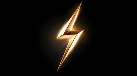 Glowing golden lightning bolt symbol on dark background creating a striking visual effectの素材