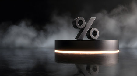 3D illustration featuring percentage symbol on pedestal with dramatic lighting and mistの素材