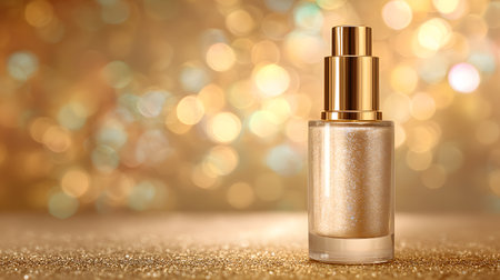 Cosmetic bottle featuring golden shimmer set against a beautiful bokeh backdropの素材