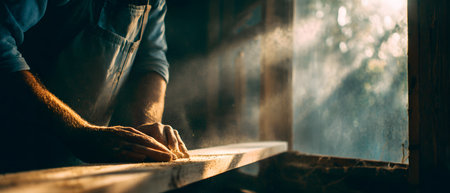Craftsman is shaping wood in a bright workshop with dust particles illuminated by sunlightの素材