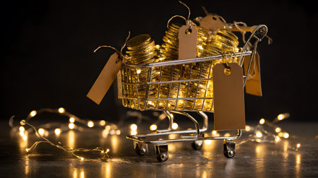 Shopping cart contains golden coins and tags illuminated by soft fairy lightsの素材