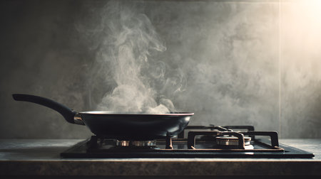 Black frying pan on stove emits steam in contemporary kitchen setting with gray tonesの素材
