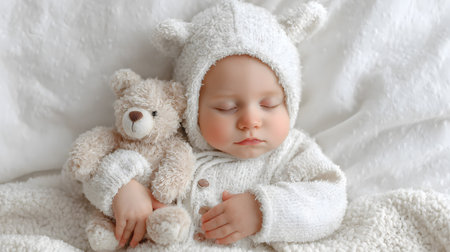Infant peacefully sleeps in warm outfit holding teddy bear on soft textured blanketの素材