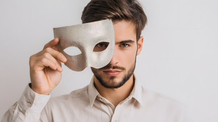 Male figure is holding a stylish mask in front of his face against a plain backdropの素材