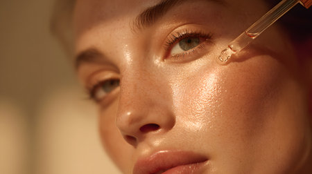 Young woman is applying serum to her radiant skin in soft natural lightの素材